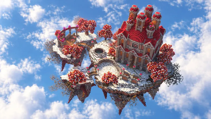 Crimson keep: floating castle islands in bloom